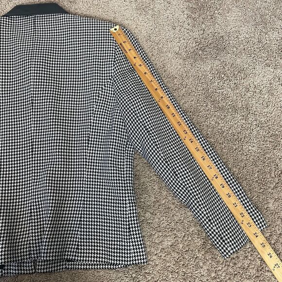 Vintage Jacket Size 14 Black White Houndstooth Full Zip Faux Leather Trim 90s - Picture 12 of 13
